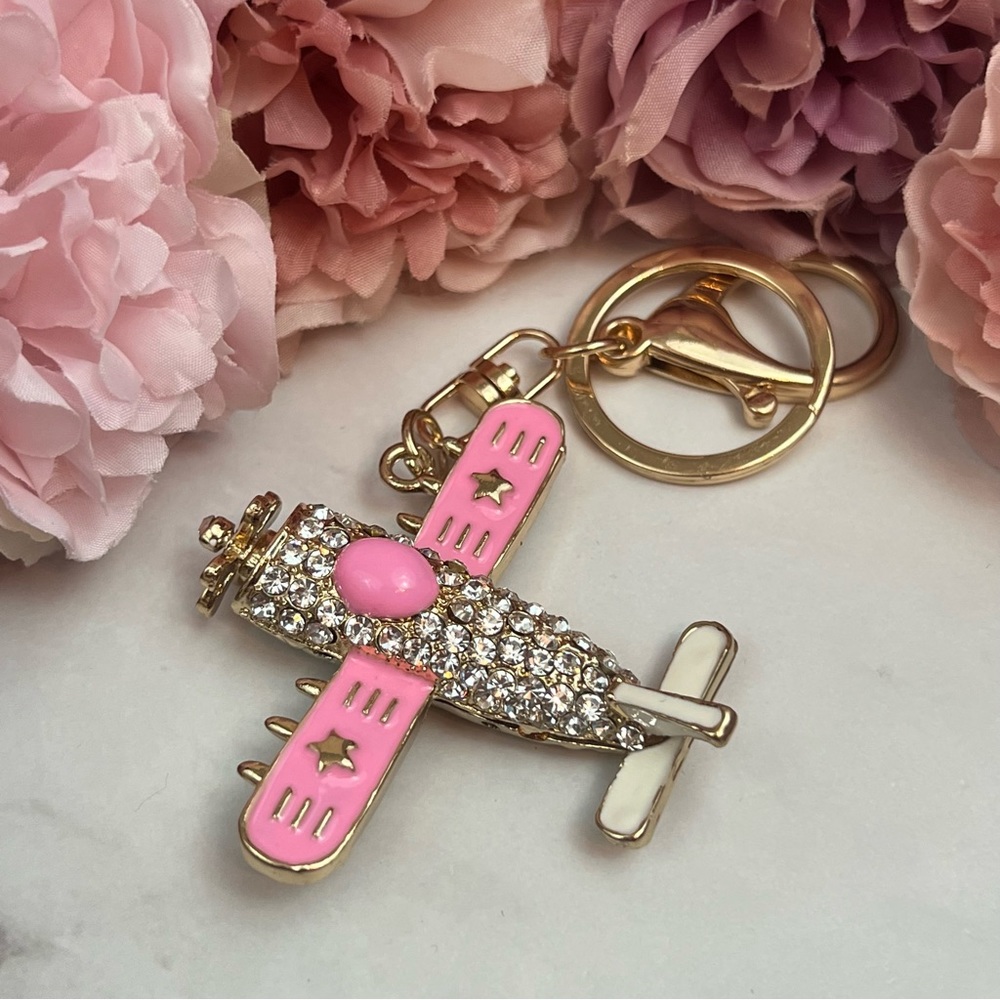 Whimsical Pink & Gold Crystal Airplane Keychain Charm - Picture 9 of 16